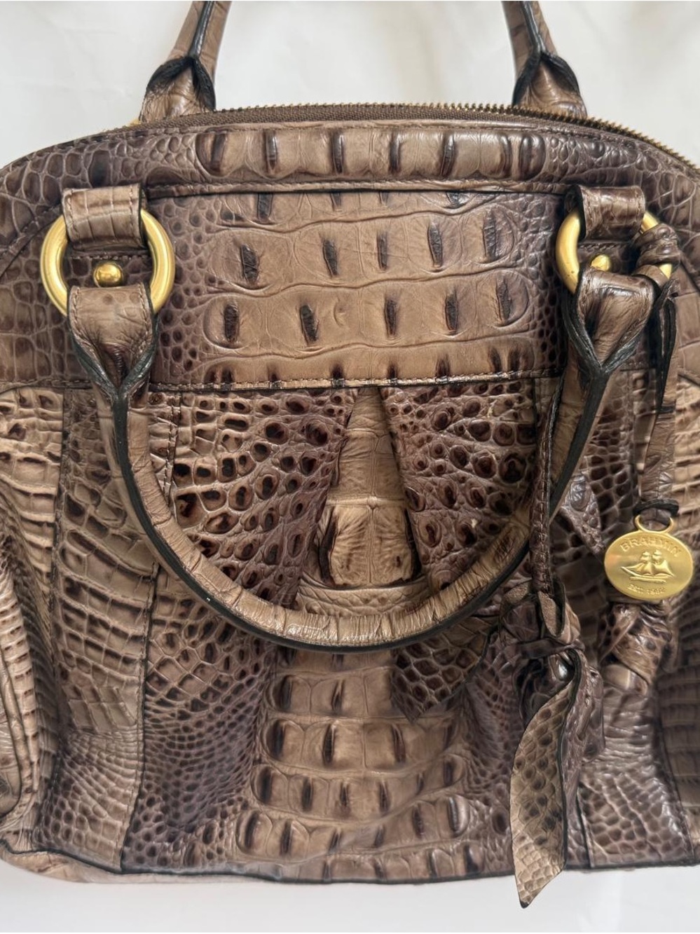 Brahmin Taupe Brown Croc-Embossed Satchel with Gold Hardware